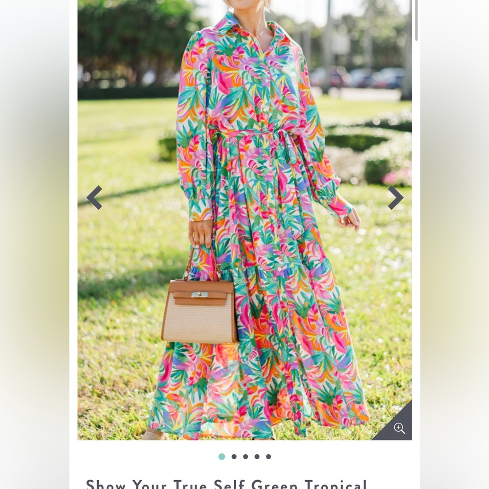 Green Tropical Print Maxi Dress with Long Sleeves